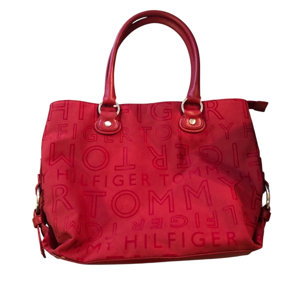Tommy Hilfiger Embossed Red Canvas Tote Bag with Gold Hardware New Old Stock